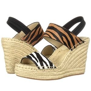 nwt Kenneth Cole Olivia Espadrille Fur Sandal Open Toe Wedge Black Tan Zebra 8